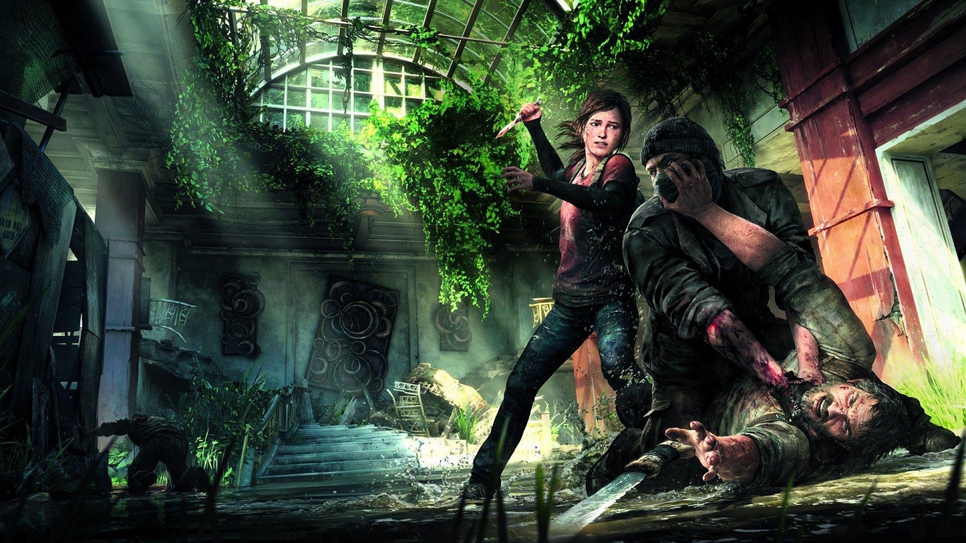 Artwork from the video game The Last of Us: Ellie fights an infected while Joel restrains another in a sunlit, overgrown, ruined interior.