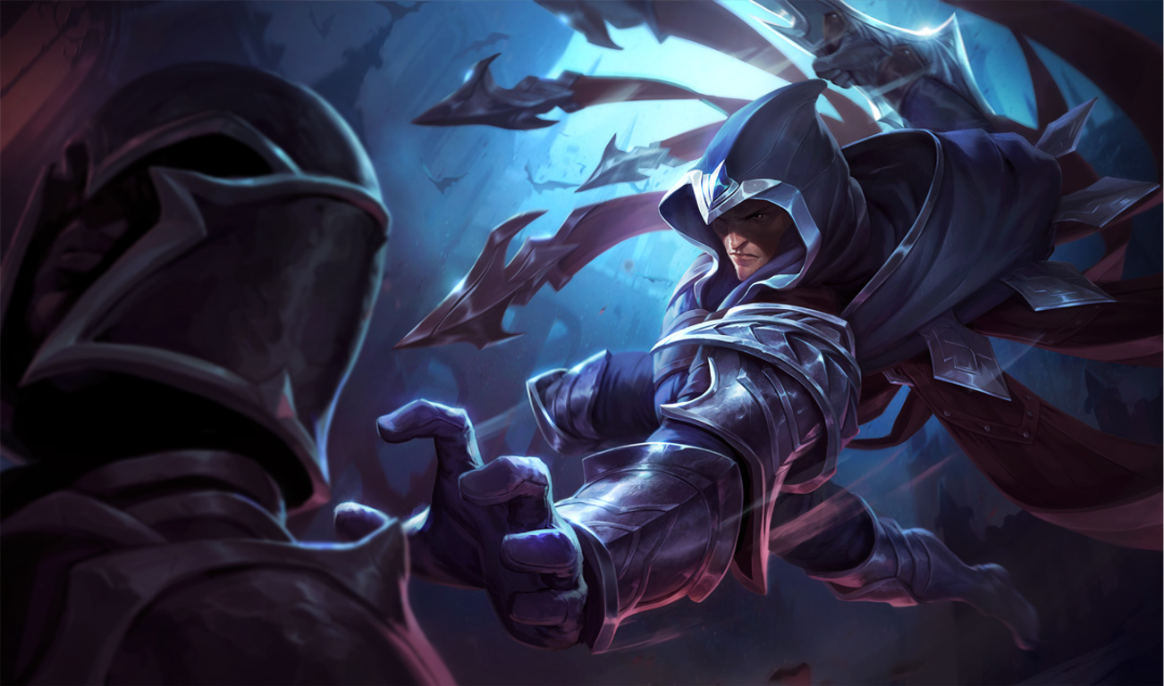 Talon from League of Legends in a dynamic action pose, surrounded by shadowy blades, highlighting his stealth and agility in the video game.