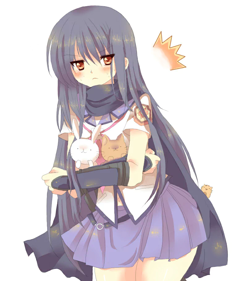 Anime Angel Beats! illustration: long dark-haired schoolgirl in a purple uniform and scarf clutching bunny and bear plushies, looking shy.