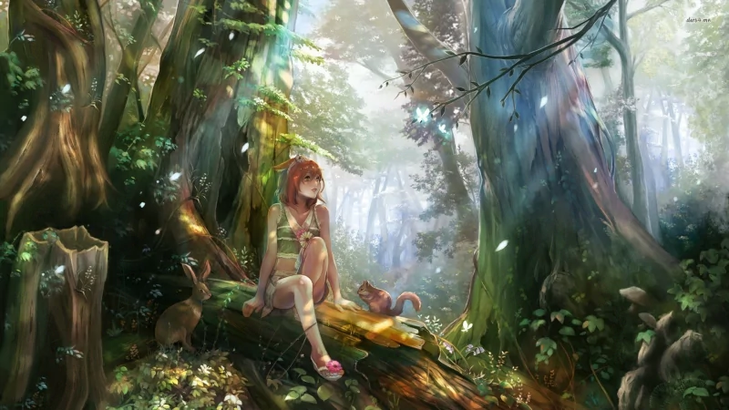 An anime-style girl sits on a fallen log in a lush, sunlit greenpunk forest, surrounded by towering trees and vibrant foliage.