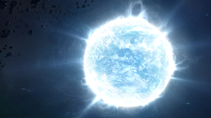 Blue Psyxis star, a glowing light-bulb bauble, radiates coronal flares in a Sci‑Fi starfield strewn with distant stars and floating debris.