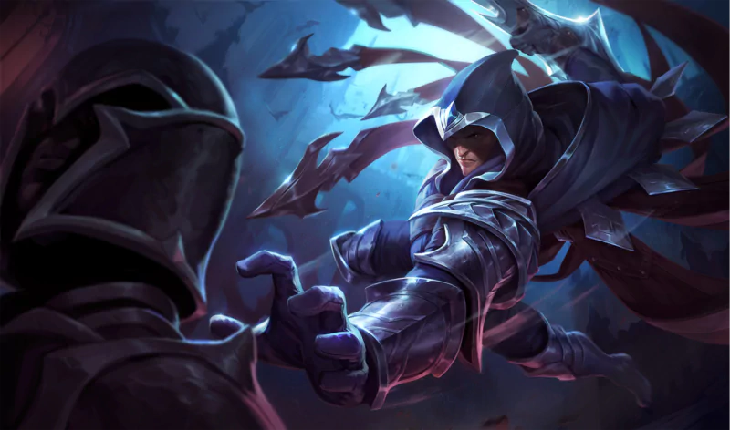 Talon from League of Legends in a dynamic action pose, surrounded by shadowy blades, highlighting his stealth and agility in the video game.