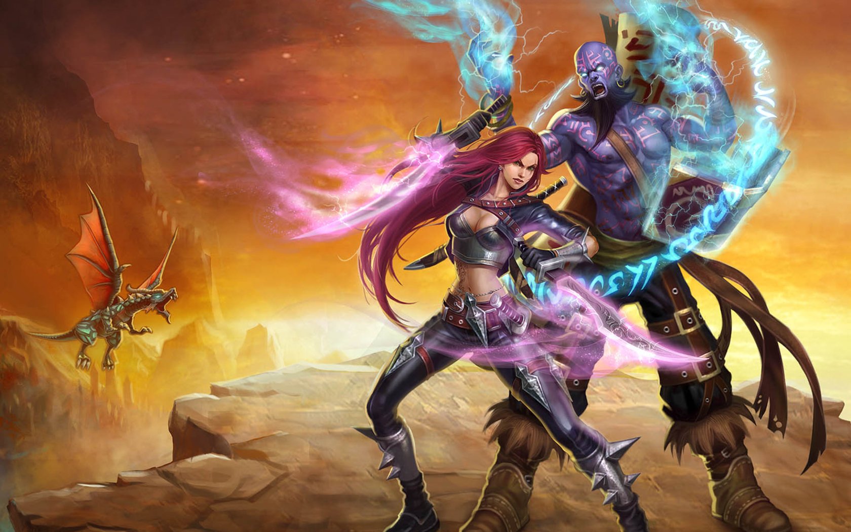 Ryze and Katarina from League of Legends stand ready for battle with magical energy swirling around them in a fiery, rocky landscape.
