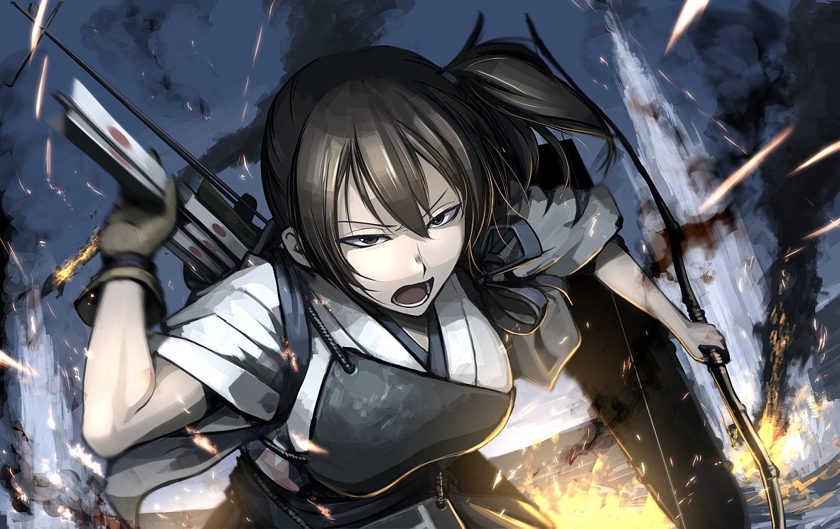 Kaga from Kantai Collection anime is depicted in dynamic battle, wielding weapons amidst fiery explosions and intense action.