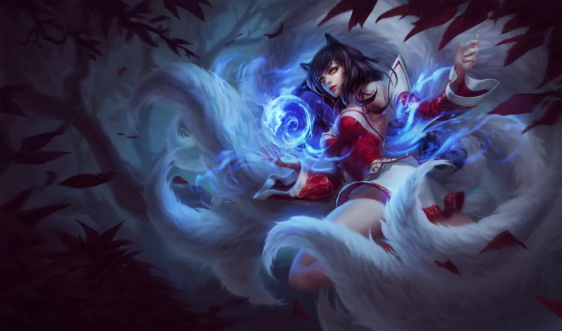 Ahri from League of Legends conjures magic surrounded by swirling fox spirits, set against a mystical forest background filled with dark hues and vibrant energy.