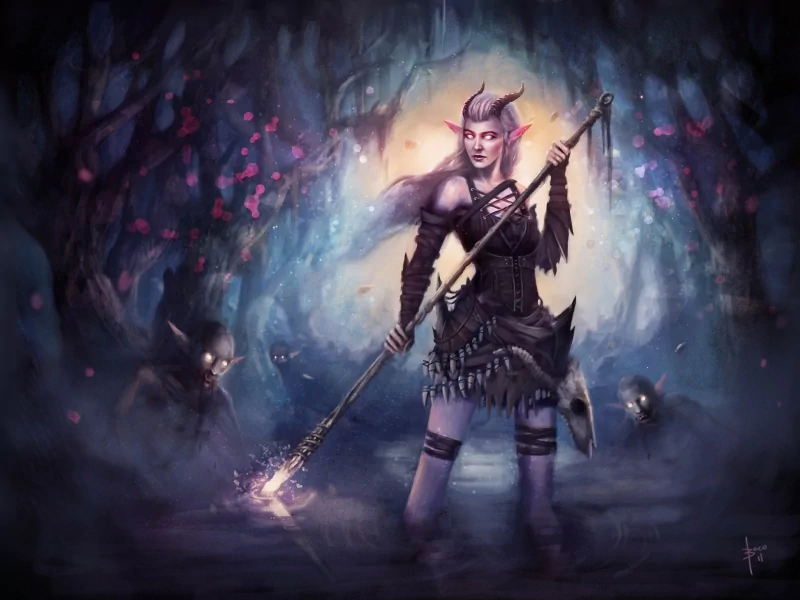 A fierce fantasy woman warrior stands in a misty, dark forest wielding a glowing spear, surrounded by shadowy, glowing-eyed creatures.