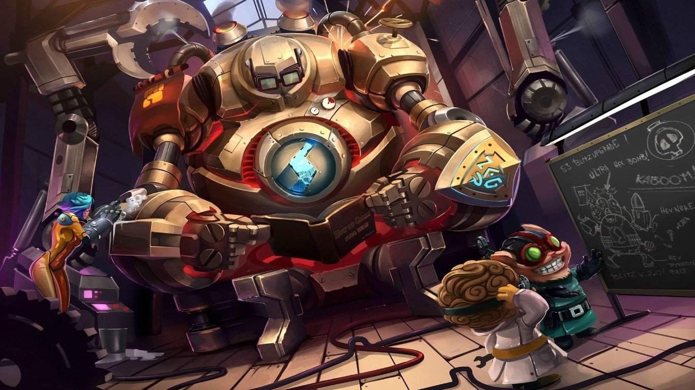 A scene from the video game League of Legends featuring a large mechanical character with glowing elements, surrounded by smaller characters in a laboratory setting.
