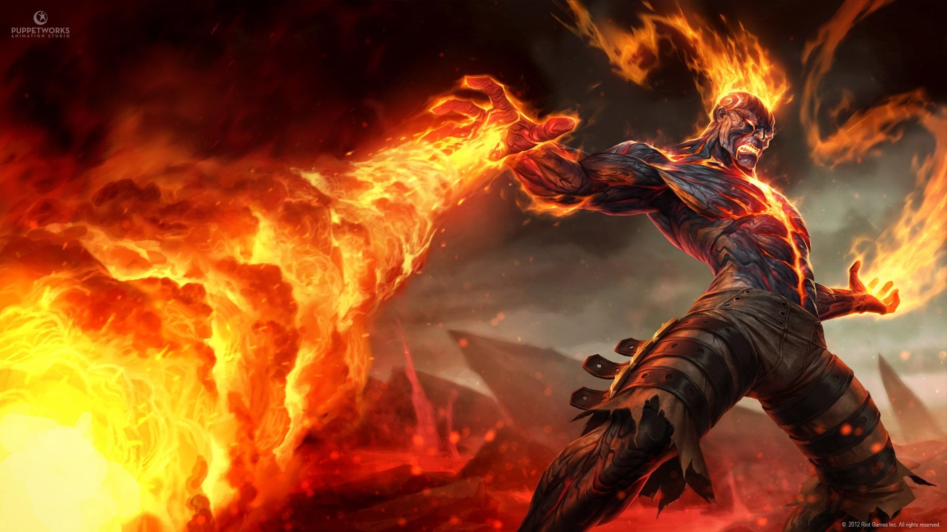 League of Legends video game champion Brand hurls a massive torrent of fire across a molten, volcanic battlefield.