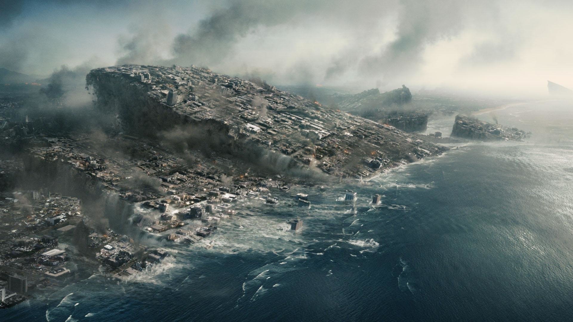 A coastal city faces catastrophic flooding and destruction in a dramatic scene from the 2012 disaster movie.