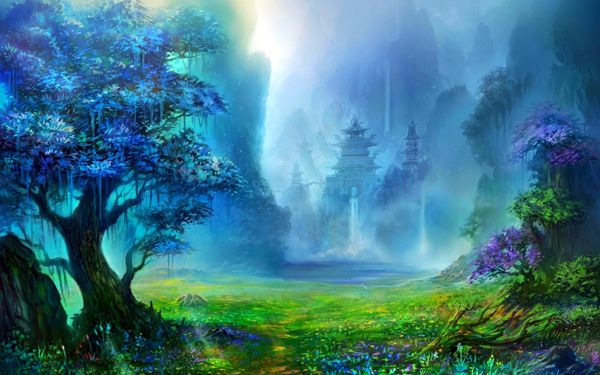 A vibrant fantasy landscape features lush greenery, mystical trees, and distant pagoda-like structures shrouded in ethereal mist, creating a serene and magical atmosphere.