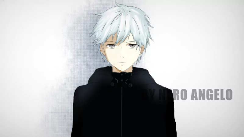 Illustration of Ken Kaneki from the anime Tokyo Ghoul, featuring his distinctive white hair and dark hoodie, set against a minimalistic background.