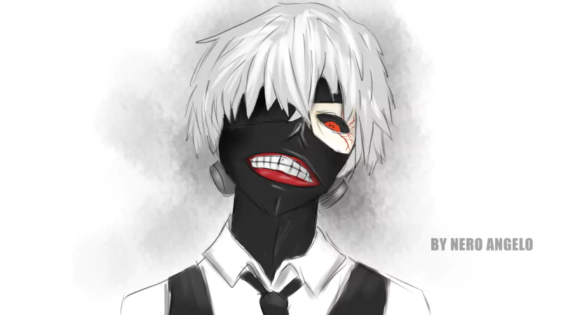 An artistic rendering featuring Xp-tan and Ken Kaneki from Tokyo Ghoul, showcasing Kaneki's duality with his white hair and striking, contrasting facial features.