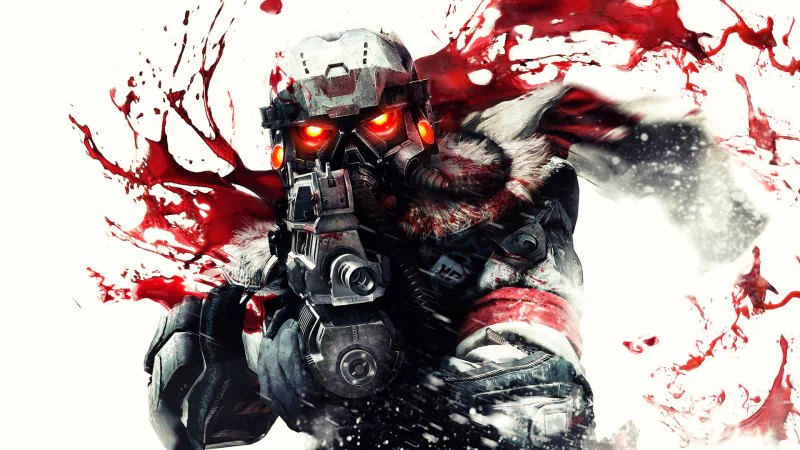 Video game Killzone 3: armored soldier with glowing red eyes and gas mask aims a rifle against a backdrop of red splatter and snow.