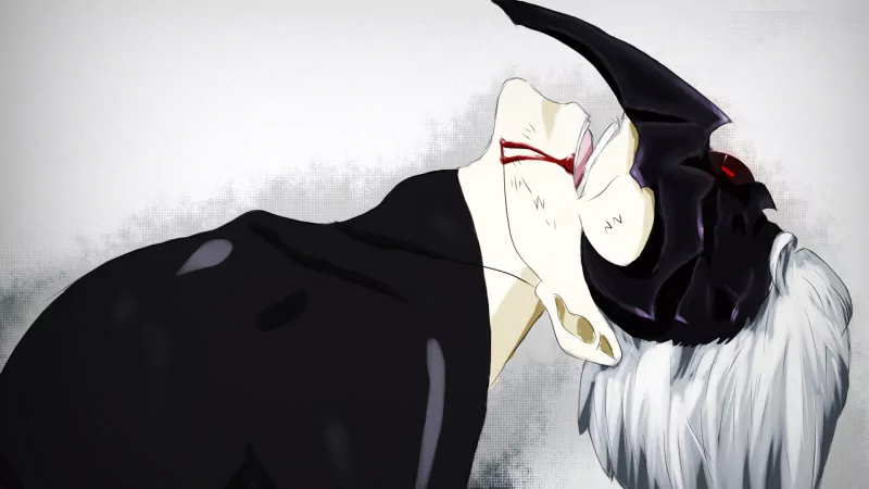 Ken Kaneki from the anime Tokyo Ghoul, depicted with a striking mask and silver hair, exudes a haunting presence, reflecting his complex character and inner struggles.