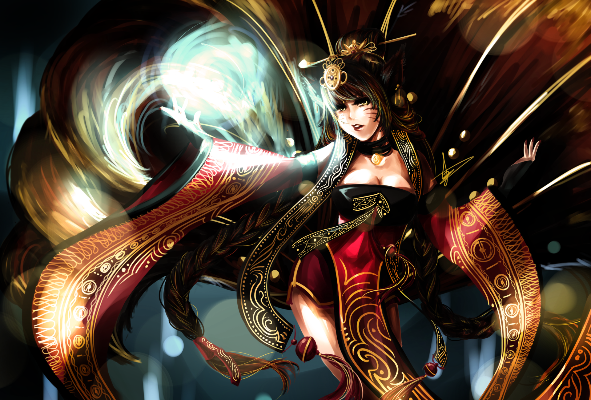 A dynamic League of Legends character casting a glowing magical spell, adorned in ornate, flowing robes with intricate gold and red patterns against a dark background.
