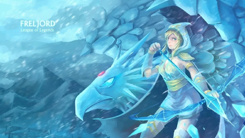 Fantasy-themed artwork from the video game League of Legends, depicting an armored female warrior standing confidently beside an icy blue dragon in a frozen landscape.
