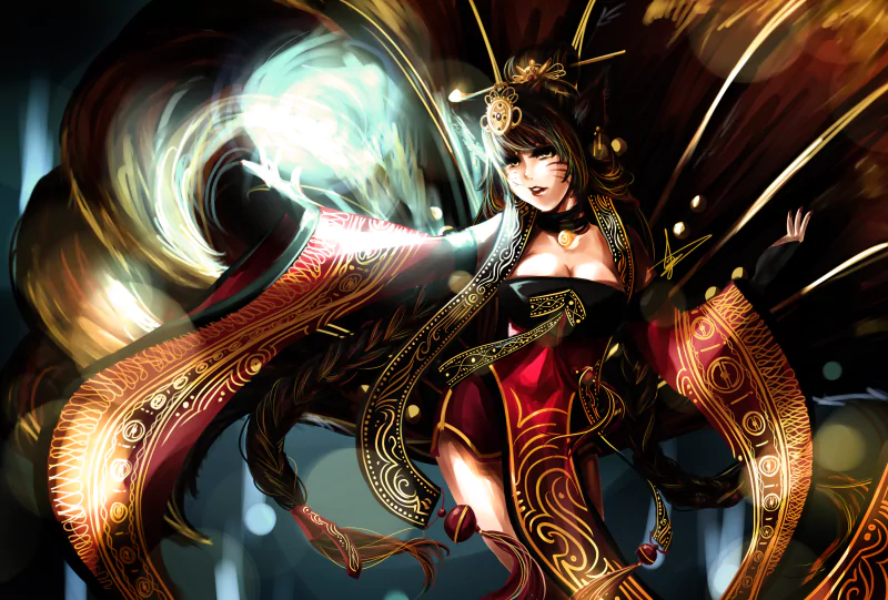 A dynamic League of Legends character casting a glowing magical spell, adorned in ornate, flowing robes with intricate gold and red patterns against a dark background.