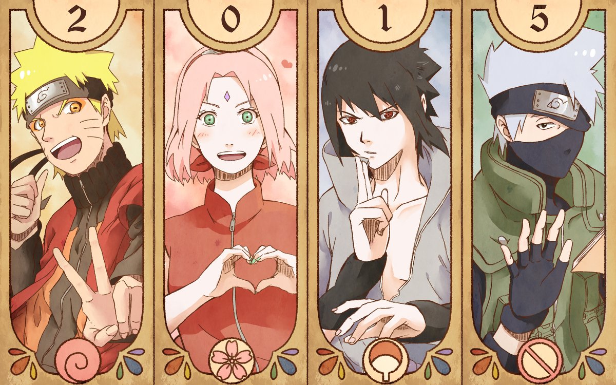2015-style vertical panels of Naruto Uzumaki, Sakura Haruno, Sasuke Uchiha, and Kakashi Hatake from the anime Naruto, each posing with playful hand gestures in decorative frames.