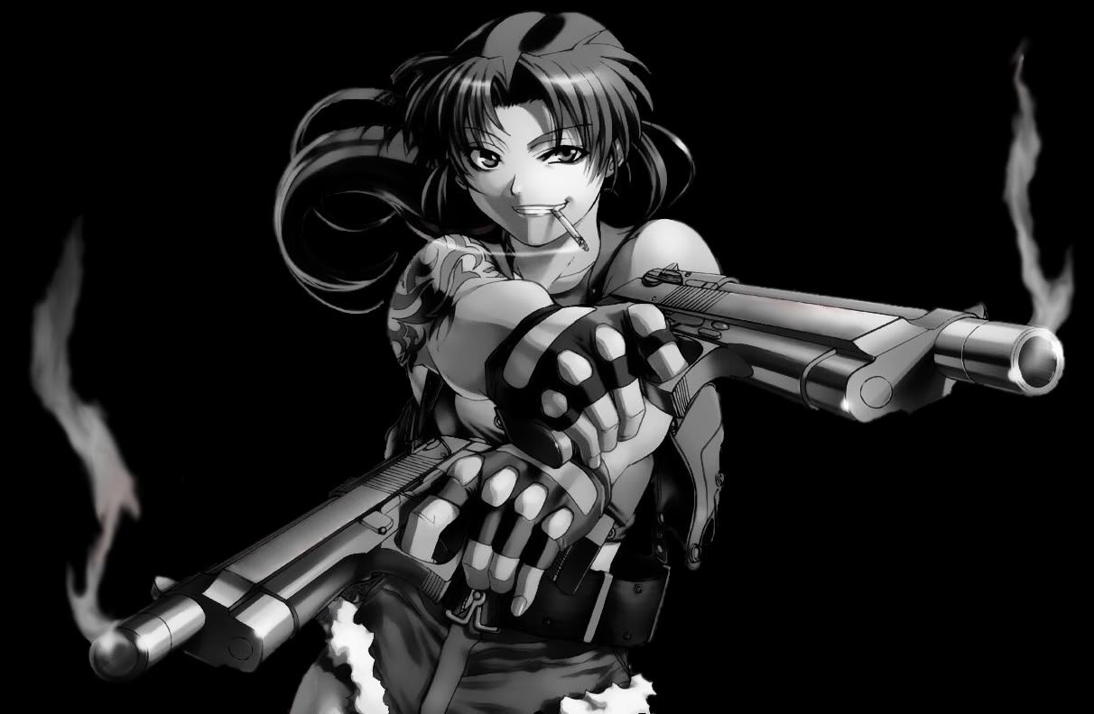 Revy from Black Lagoon aims twin pistols at the viewer, cigarette in her mouth, gritty black-and-white anime action pose.