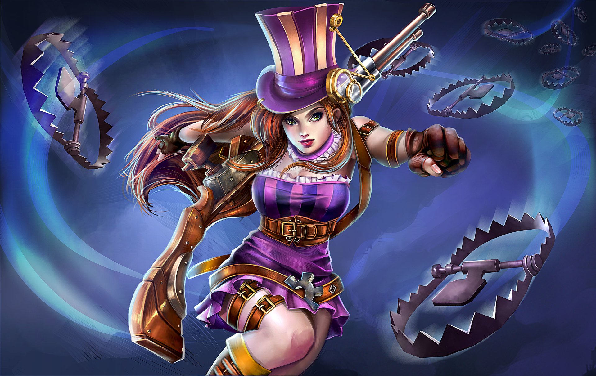 A dynamic League of Legends character in vibrant purple attire wields a rifle while surrounded by spinning bear traps in this video game artwork.
