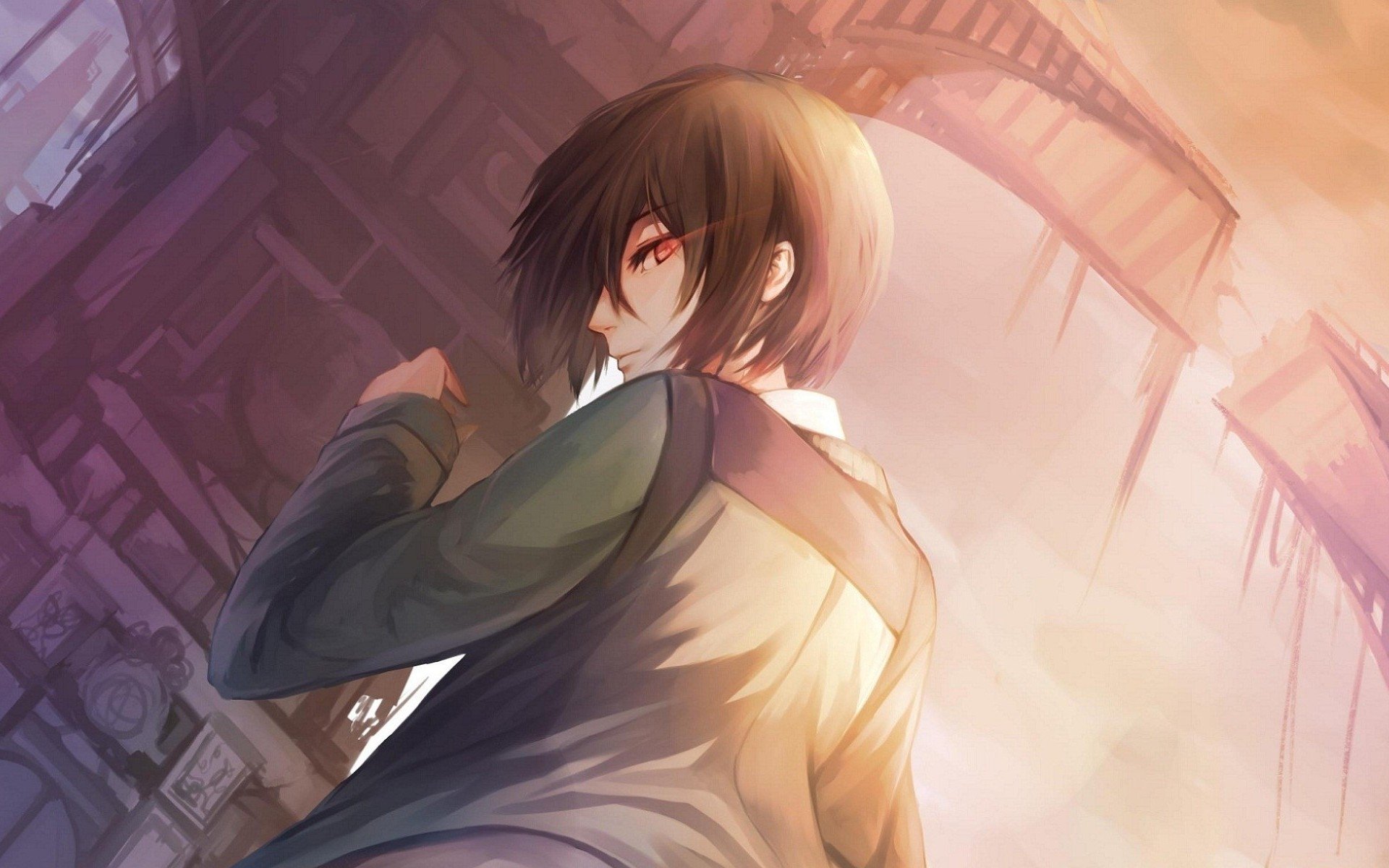 A character from Tokyo Ghoul stands confidently, looking back with striking red eyes, set against a dramatic, stylized background that captures the essence of anime artistry.