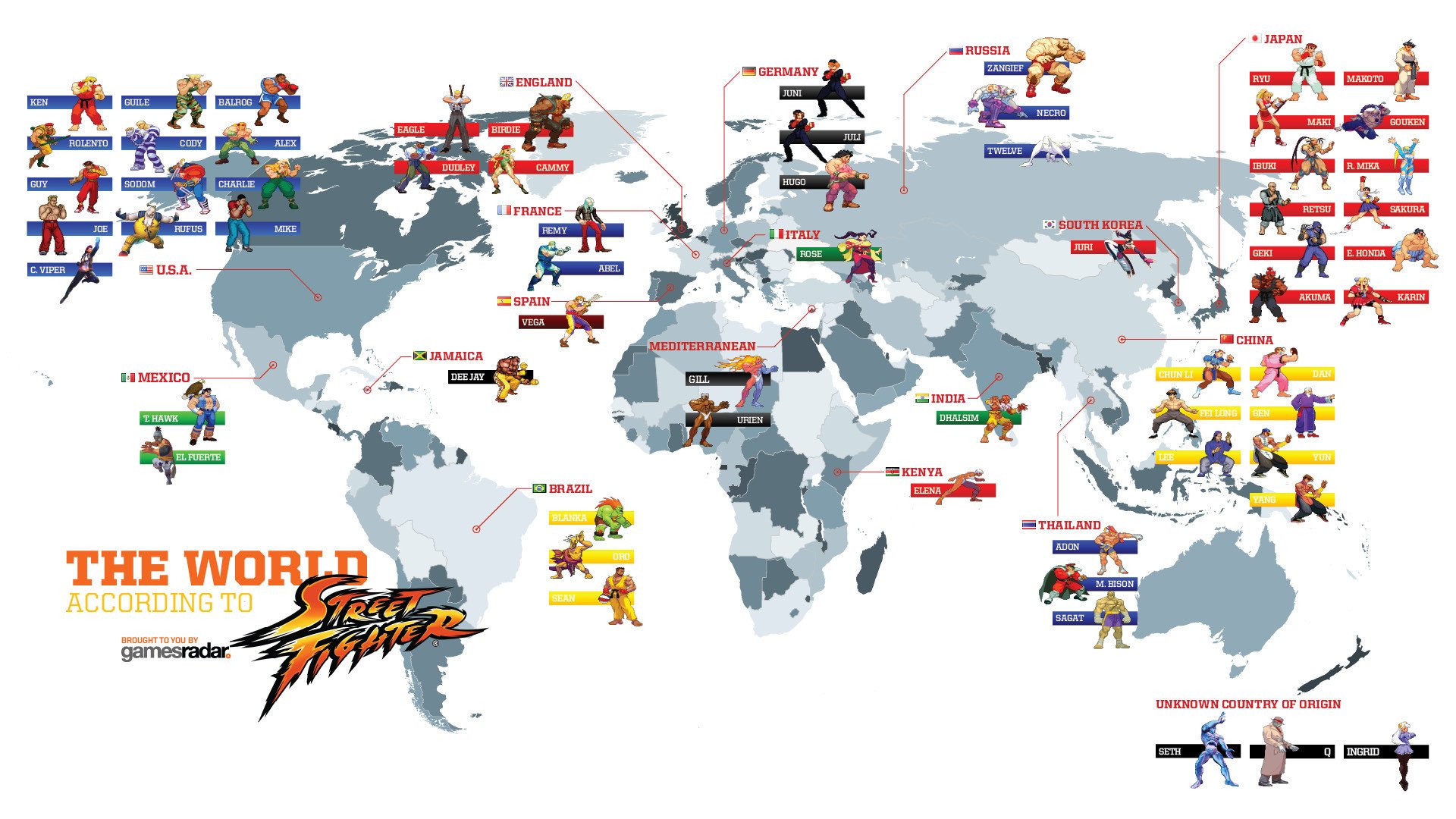 World map showing characters from the video game Street Fighter with their respective countries of origin.