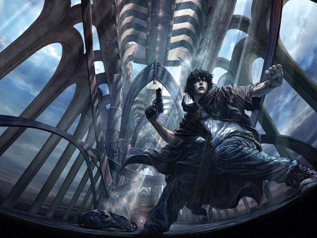 A dramatic scene from the anime *Wonderful Days*, featuring a character in dynamic action with a gun, set against a futuristic, intricately designed architectural background.