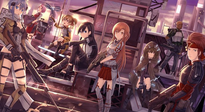 A vibrant Anime scene from Sword Art Online featuring key characters armed and ready inside a futuristic, industrial setting at sunset.