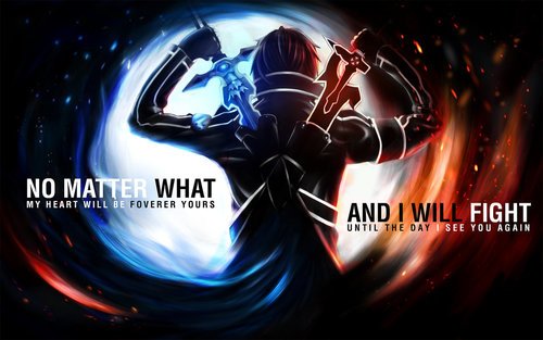A dynamic anime artwork from Sword Art Online, featuring a silhouetted character amidst swirling colors, accompanied by heartfelt text expressing devotion and determination.
