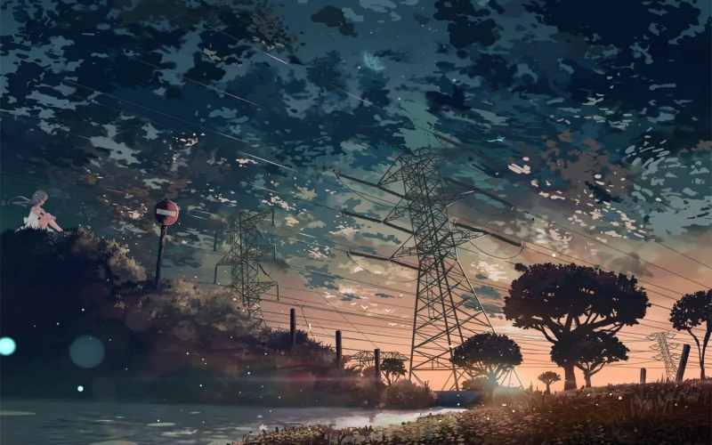 Anime-style night scene featuring a quiet road, silhouetted trees, and power lines under a dark, star-speckled sky.