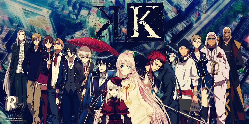 Ensemble of stylized characters from the anime K Project standing against a neon cityscape; diverse outfits and a blonde girl in a cream dress centered.