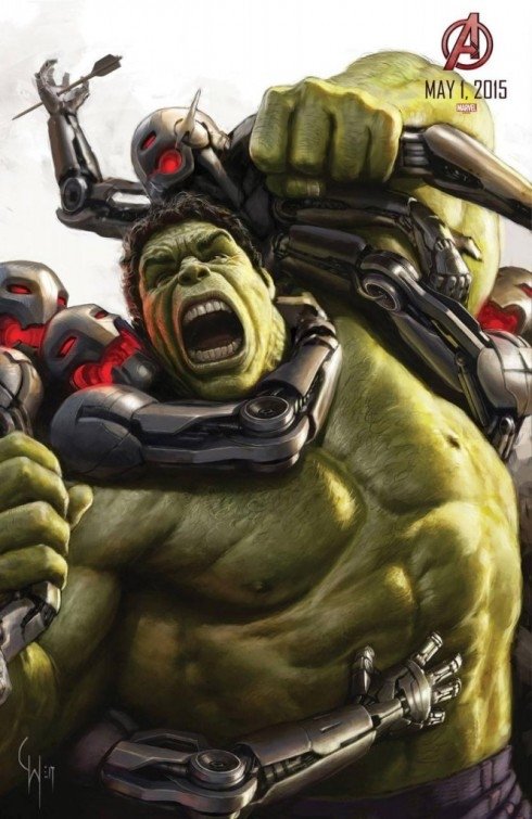 A dynamic illustration from Avengers: Age of Ultron depicts the Hulk in an intense battle, fiercely grappling with robotic beings while showcasing his immense strength.