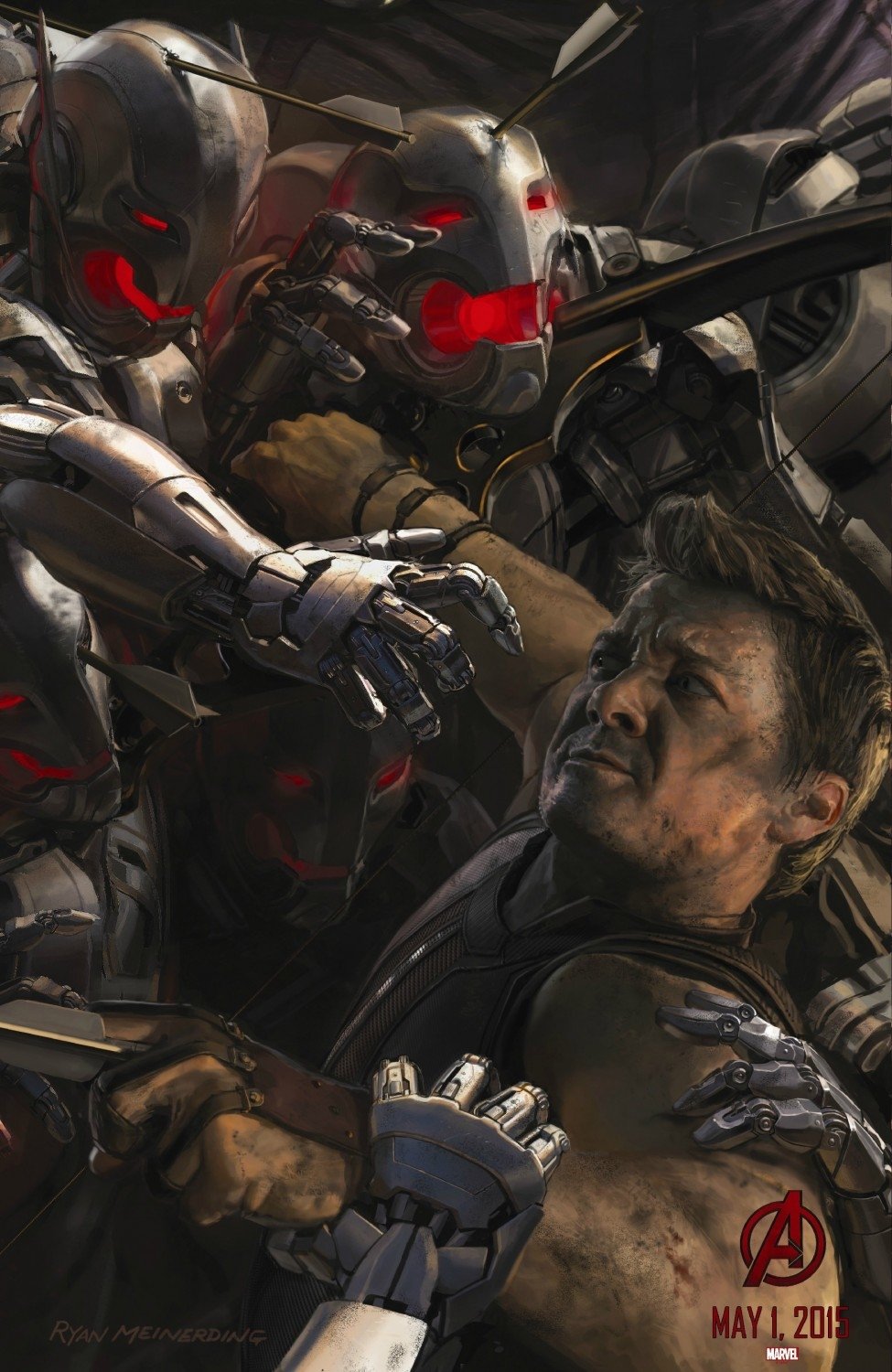 A tense scene from *Avengers: Age of Ultron*, featuring a character confronted by multiple Ultron robots, showcasing the film's intense action and dramatic moments.
