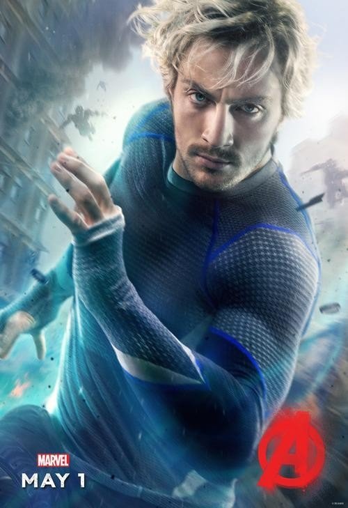 Close-up of Peter Maximoff, known as Quicksilver from Marvel Comics, in a dynamic pose. Featured in the movie Avengers: Age of Ultron. The scene conveys action and urgency.