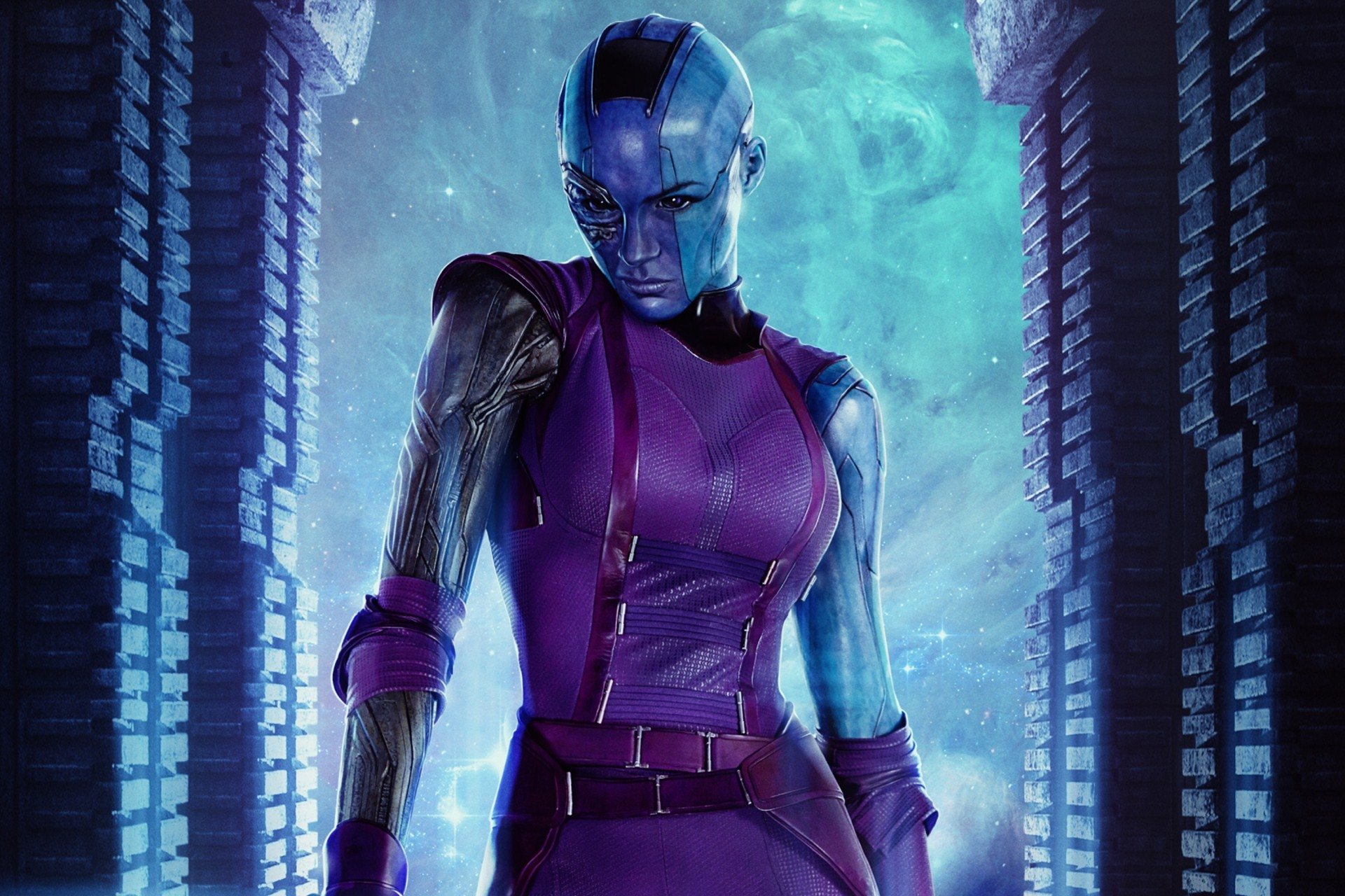 Nebula from the movie Guardians of the Galaxy: blue-skinned, cybernetic warrior in purple armor standing in a glowing sci-fi corridor.