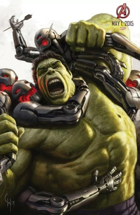 A dynamic illustration from Avengers: Age of Ultron depicts the Hulk in an intense battle, fiercely grappling with robotic beings while showcasing his immense strength.