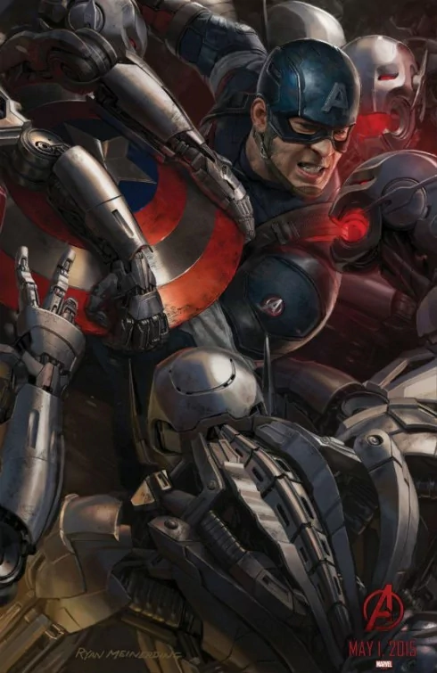 Captain America battles robotic foes in a dynamic scene from Avengers: Age of Ultron, showcasing his determination and iconic shield amidst a backdrop of chaos.
