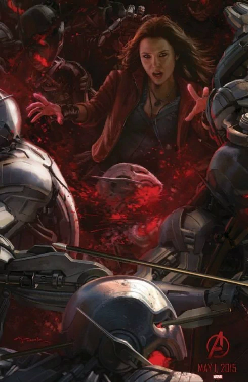 A dramatic scene from *Avengers: Age of Ultron*, featuring a woman amidst menacing, armored figures, conveying tension and urgency in a vibrant, chaotic backdrop.