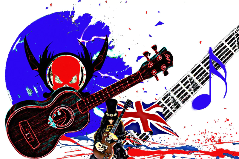 A vibrant illustration featuring musical elements, including a guitar and notes, set against a backdrop of British flag colors and artistic splashes, embodying the spirit of music.