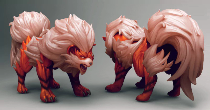 A detailed 3D model of Arcanine, a Pokémon from the anime series. The fierce creature features flowing orange and cream fur, showcasing its powerful stance and expressive face.