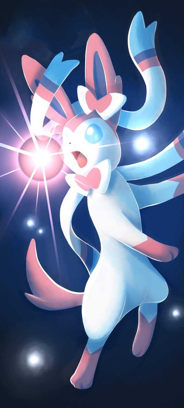 A vibrant illustration of Sylveon from Pokémon, featuring its signature pastel colors and playful expression, surrounded by a dazzling light display in a video game style.