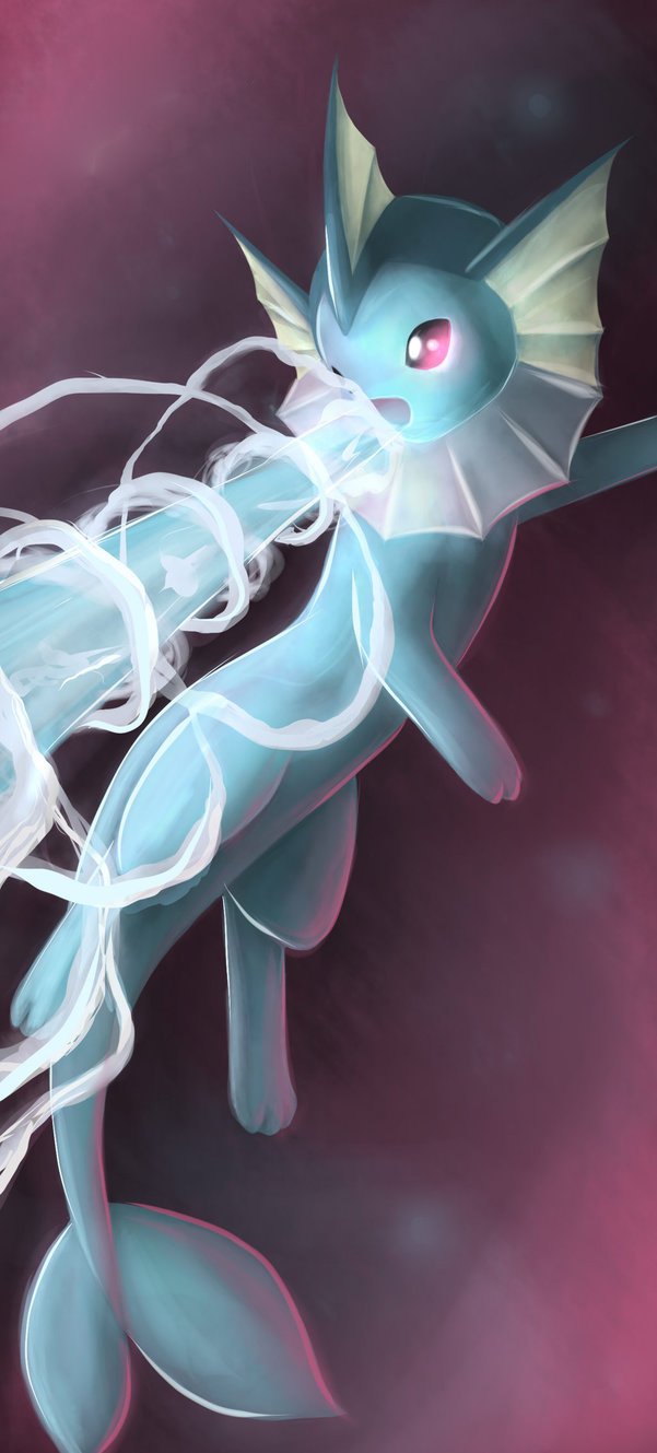 Digital artwork of Vaporeon, a water-type Pokémon from a video game, unleashing a powerful water attack against a dark, glowing background.