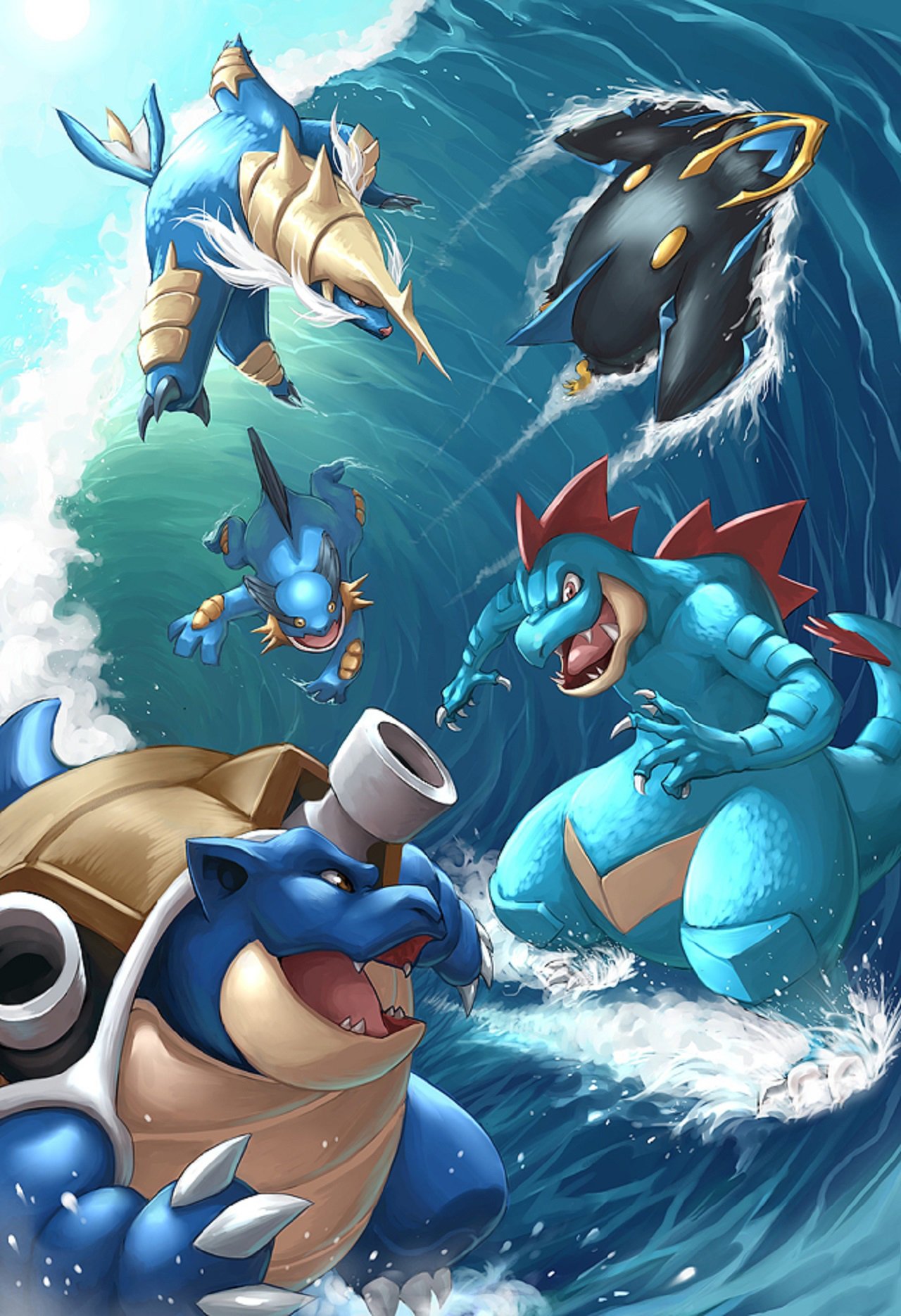 Video game Pokémon scene: water-type Pokémon — a cannon-backed turtle, a red-spined crocodile and amphibious fighters — crest a towering ocean wave.