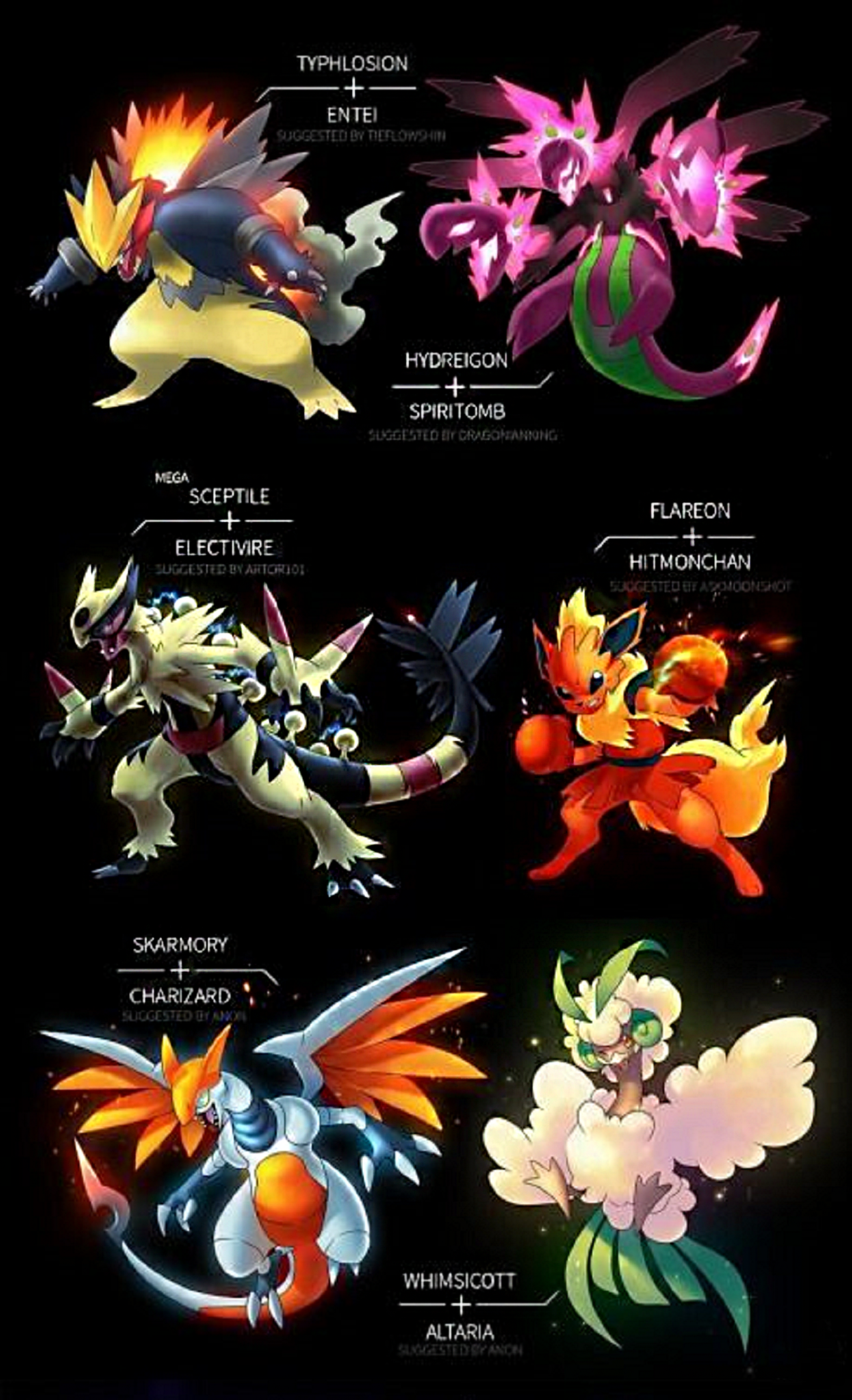 Illustration from a video game showing various fused Pokémon, including Typhlosion + Entei, Hydreigon + Spiritomb, Mega Sceptile + Electivire, Flareon + Hitmonchan, Skarmory + Charizard, and Whimsicott + Altaria.