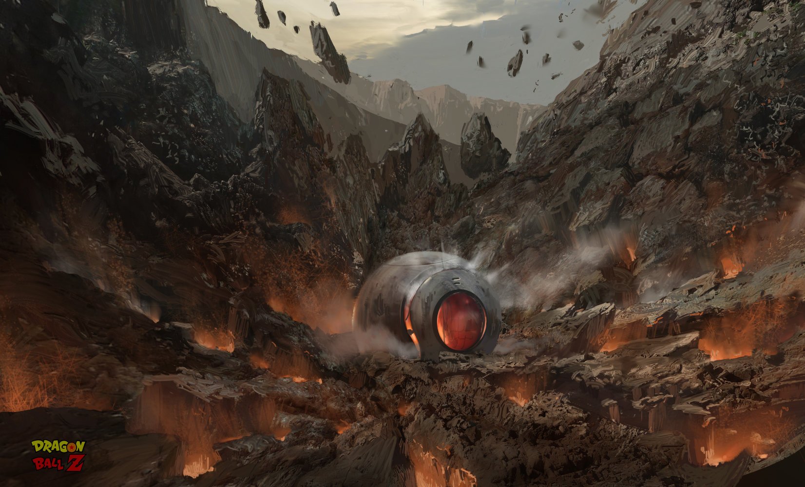 A dramatic scene from Dragon Ball Z, featuring a futuristic capsule amidst a volcanic landscape, surrounded by rocky debris and smoke against a moody sky.