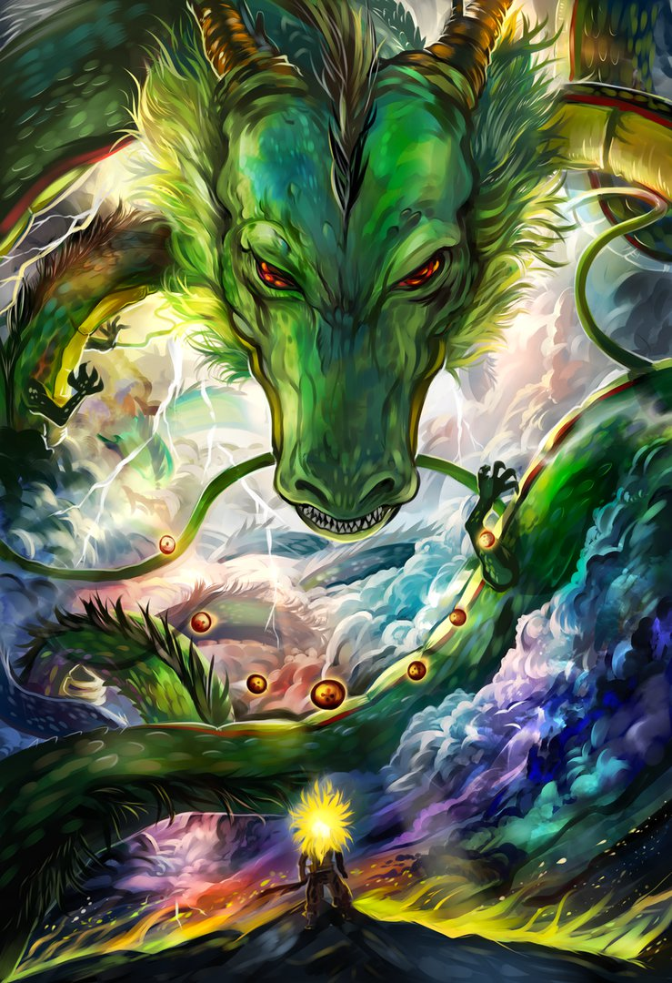A vibrant anime scene from Dragon Ball Z features a powerful green dragon towering over a figure, set against a backdrop of swirling colors and energy.