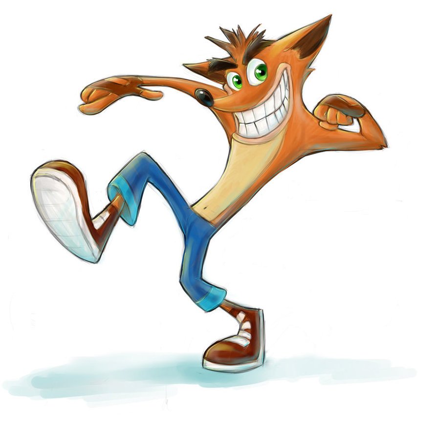 Illustration of Crash Bandicoot, the iconic character from the video game series, striking a dynamic and playful pose.