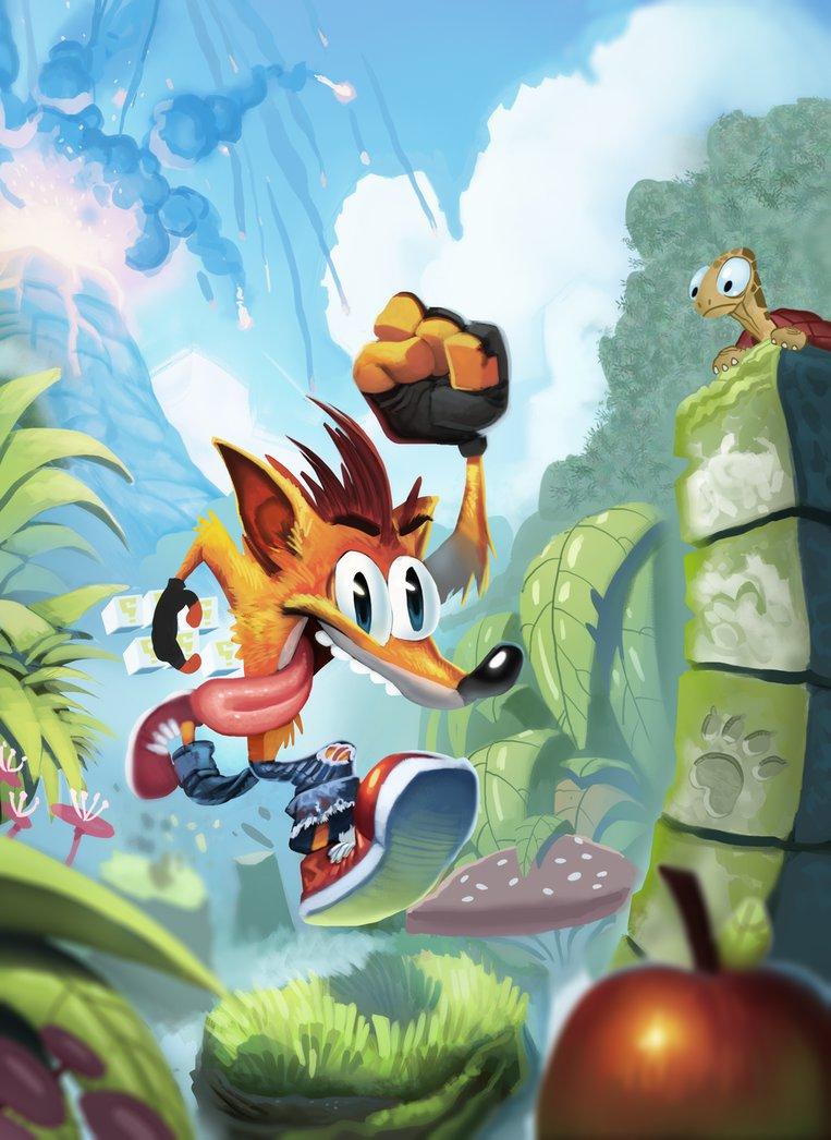 Crash Bandicoot video game art: Crash mid-jump in a colorful jungle, tongue out and fist raised over stone pillars with a small turtle on one pillar and an apple in the foreground.