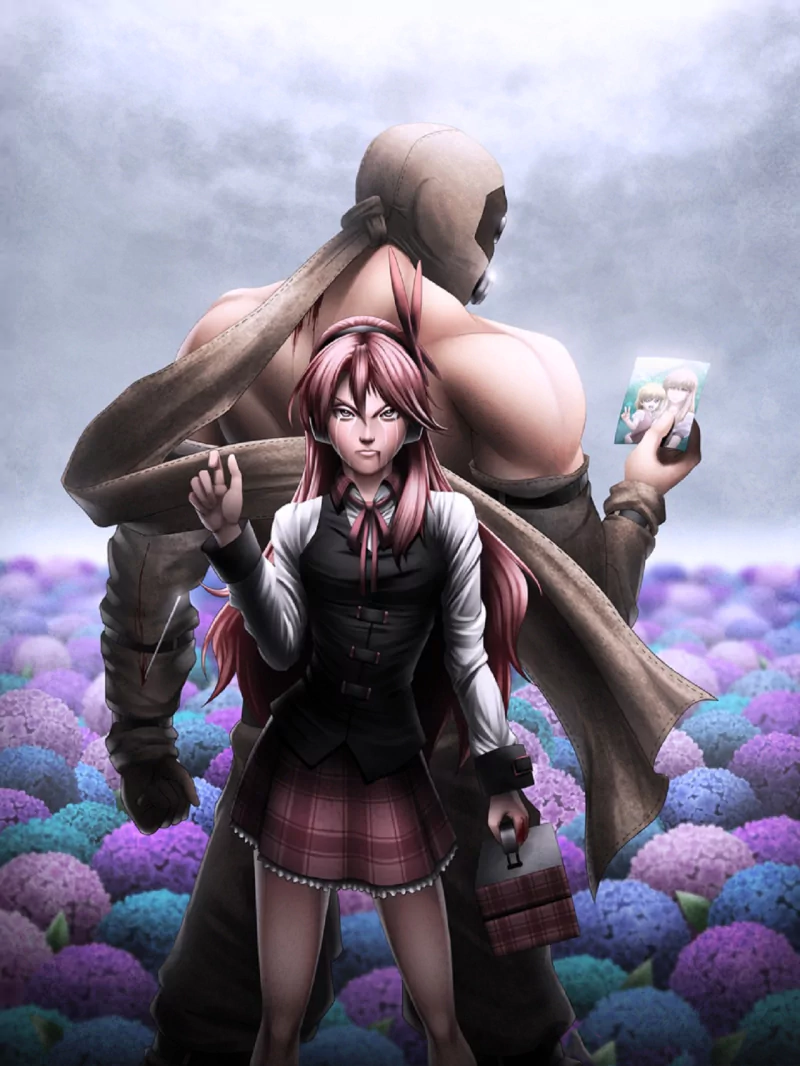 Bols and Chelsea from Akame ga Kill! stand back-to-back in a vibrant field of purple flowers, with Chelsea holding a photo and Bols facing away in a powerful stance.