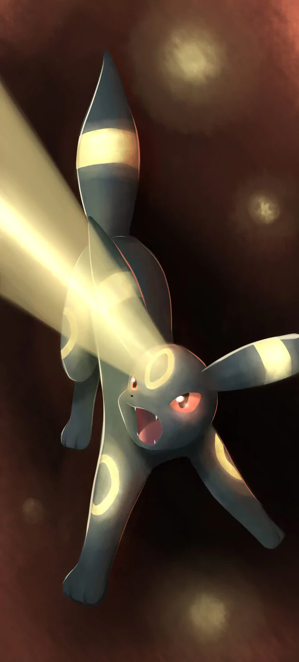 Umbreon, a Pokémon from the video game series, is depicted with glowing rings emitting beams of light in a dark, atmospheric setting.